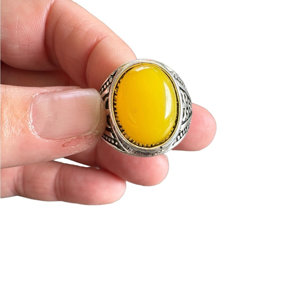 Silver and Yellow Oval Stone Unisex Ring
